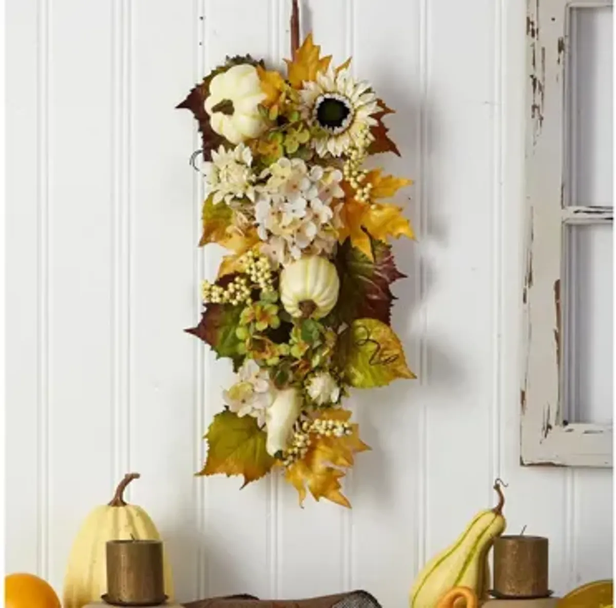 33in. Fall Sunflower, Hydrangea and White Pumpkin Artificial Autumn Teardrop