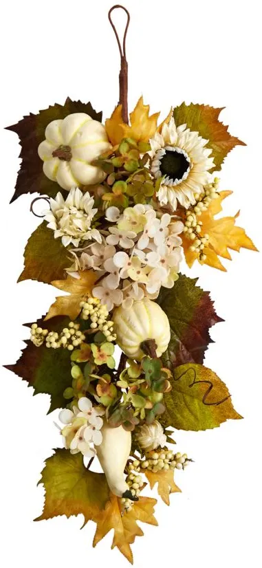 33in. Fall Sunflower, Hydrangea and White Pumpkin Artificial Autumn Teardrop in Yellow by Bellanest