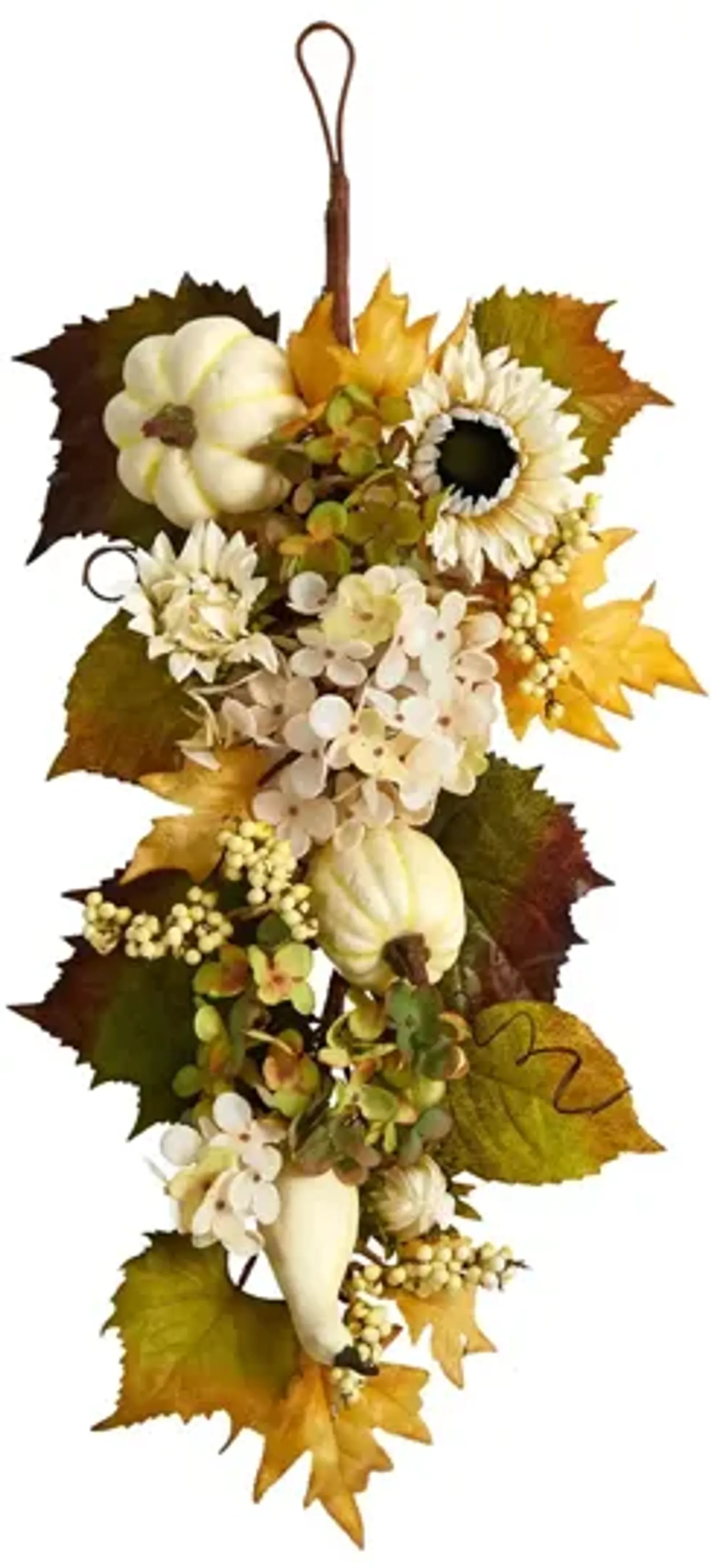 33in. Fall Sunflower, Hydrangea and White Pumpkin Artificial Autumn Teardrop