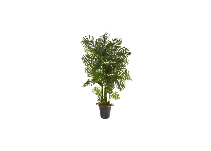 75in. Areca Palm Artificial Tree in Decorative Metal Pail with Rope in Green by Bellanest