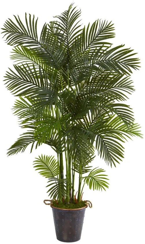 75in. Areca Palm Artificial Tree in Decorative Metal Pail with Rope in Green by Bellanest