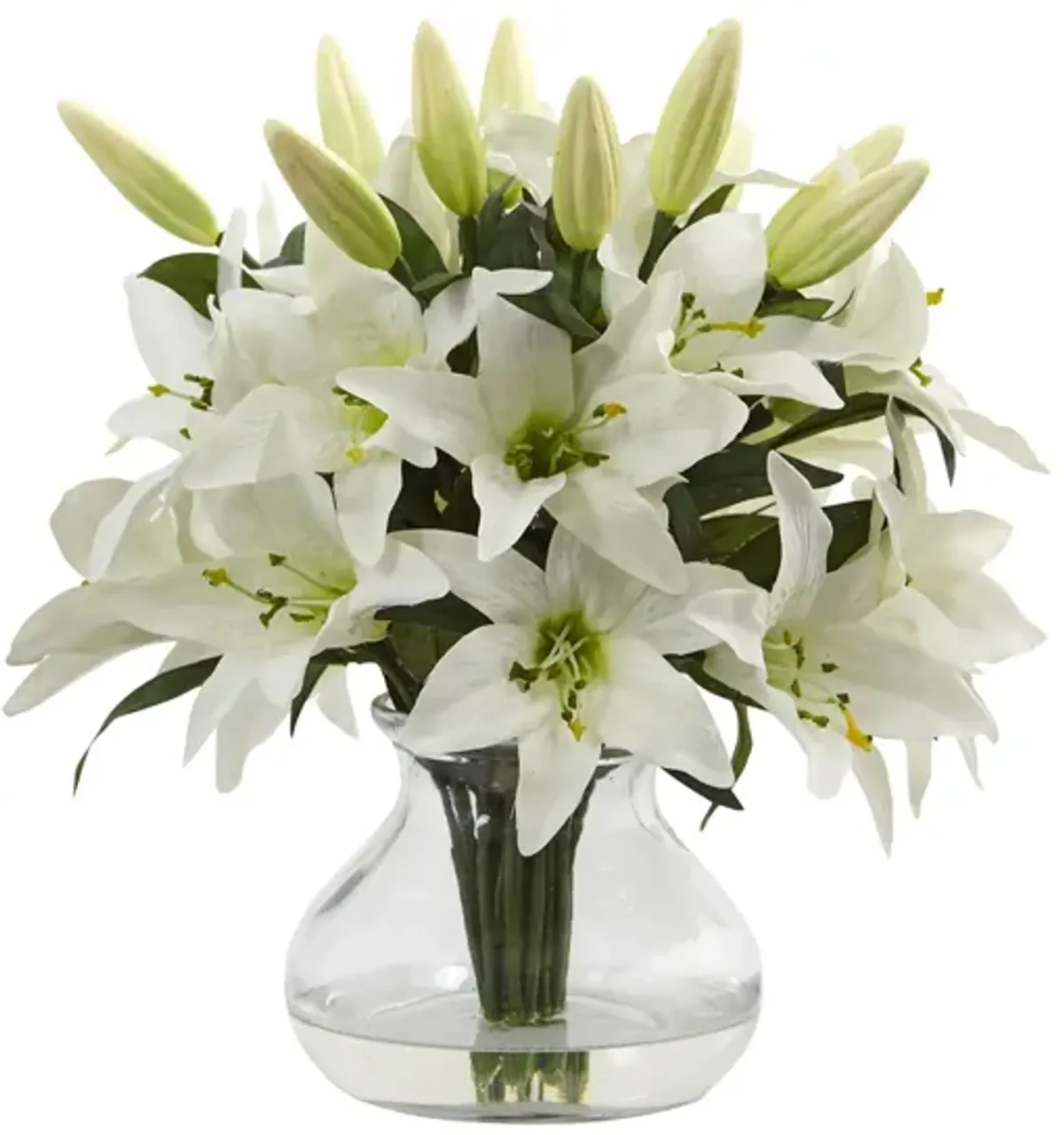 Lily Silk Arrangement with Glass Vase in White by Bellanest