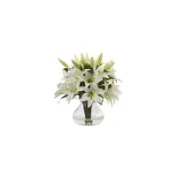 Lily Silk Arrangement with Glass Vase in White by Bellanest
