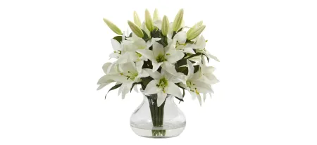 Lily Silk Arrangement with Glass Vase in White by Bellanest