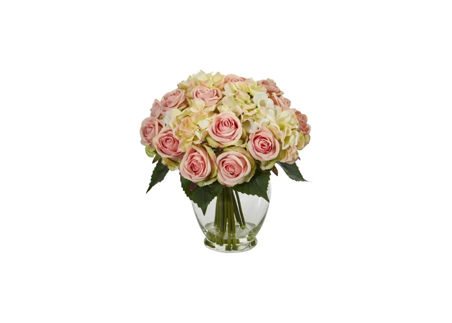 Rose and Hydrangea Bouquet Artificial Arrangement in Pink by Bellanest