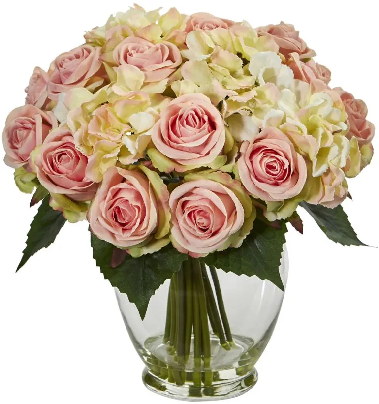 Rose and Hydrangea Bouquet Artificial Arrangement in Pink by Bellanest