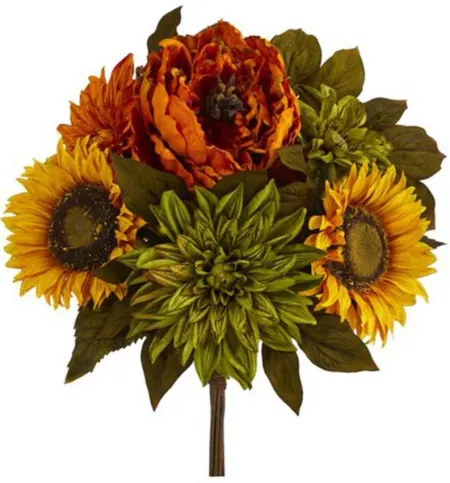 16in. Peony, Dahlia, and Sunflower Bouquet (Set of 2) in Orange/Yellow by Bellanest