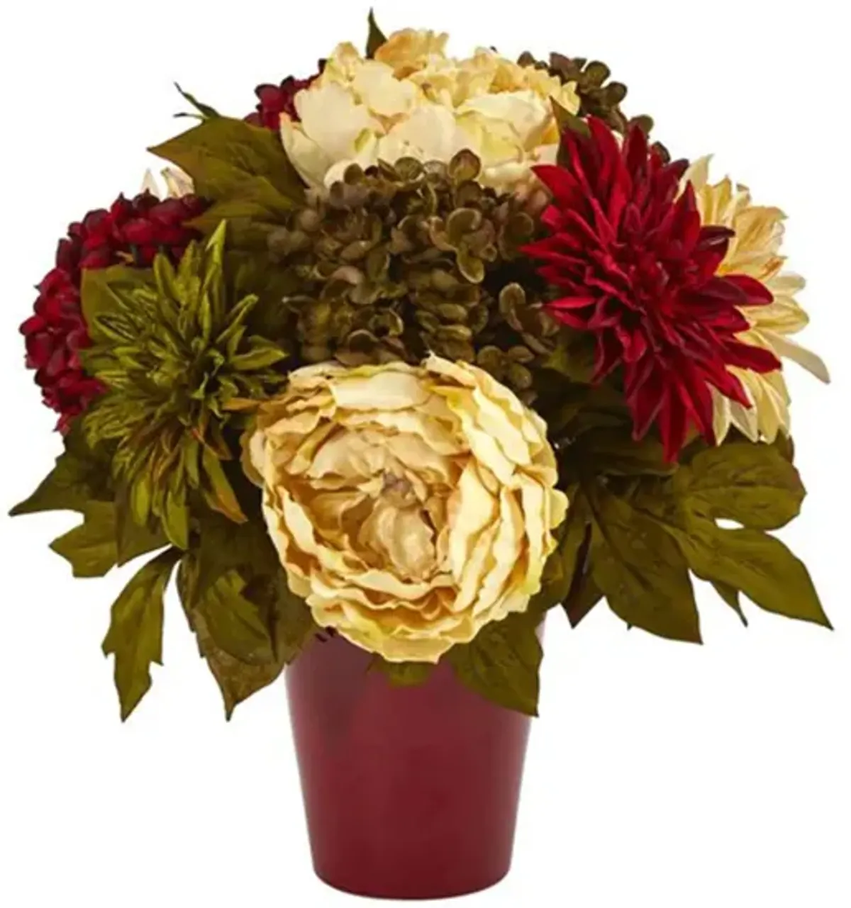 14in. Peony, Hydrangea and Dahlia Arrangement in Red/Cream by Bellanest