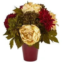 14in. Peony, Hydrangea and Dahlia Arrangement in Red/Cream by Bellanest