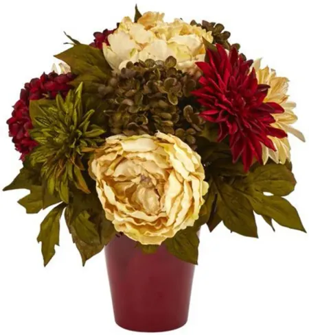 14in. Peony, Hydrangea and Dahlia Arrangement in Red/Cream by Bellanest