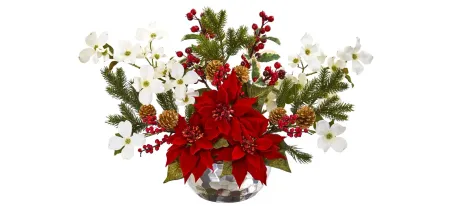 Poinsettia, Dogwood, Berry and Pine Artificial Arrangement in Red/White by Bellanest