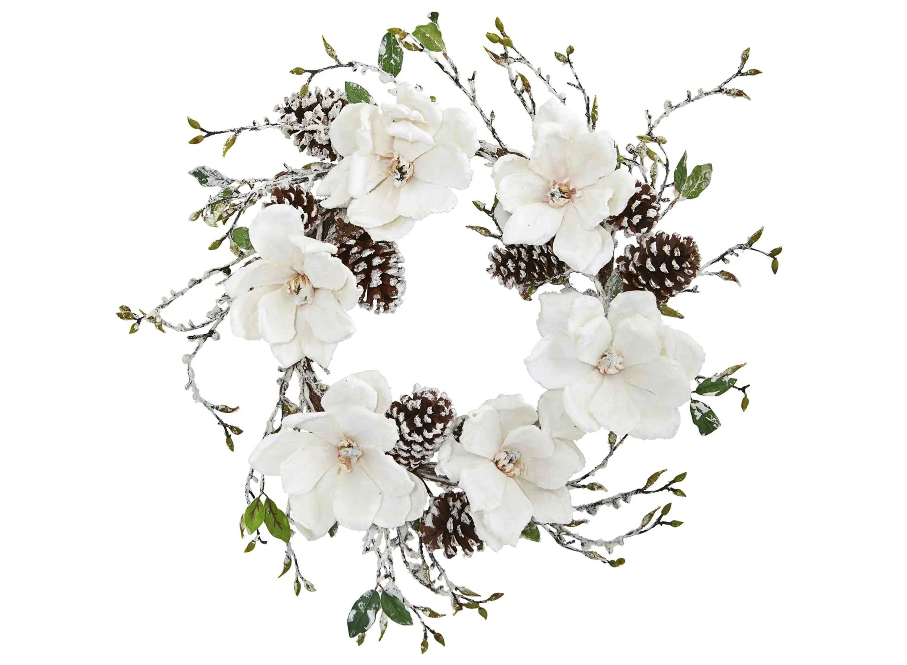 Snowed Magnolia / Pinecone Artificial Wreath in White by Bellanest