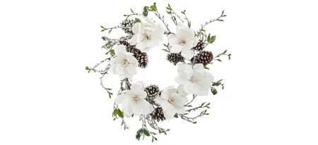 Snowed Magnolia / Pinecone Artificial Wreath in White by Bellanest
