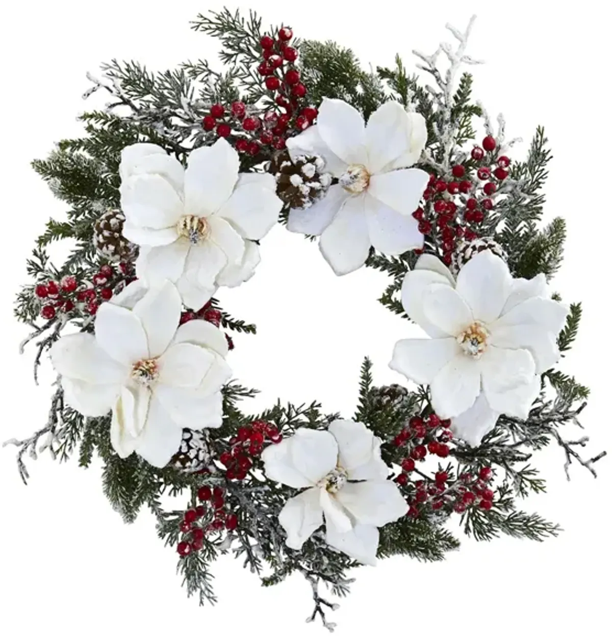 Snowed Magnolia & Berry Artificial Wreath in White/Green by Bellanest