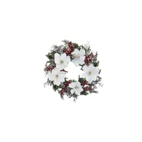Snowed Magnolia & Berry Artificial Wreath in White/Green by Bellanest