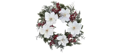 Snowed Magnolia & Berry Artificial Wreath in White/Green by Bellanest