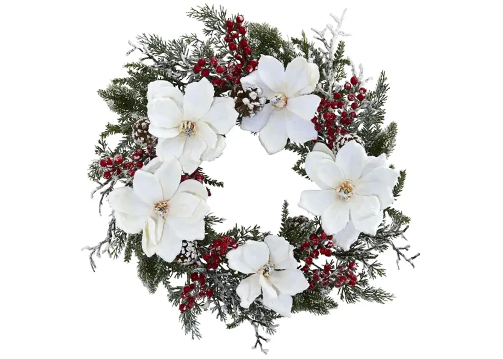 Snowed Magnolia & Berry Artificial Wreath in White/Green by Bellanest