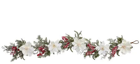 Frosted Magnolia & Berry Artificial Garland in White/Green by Bellanest