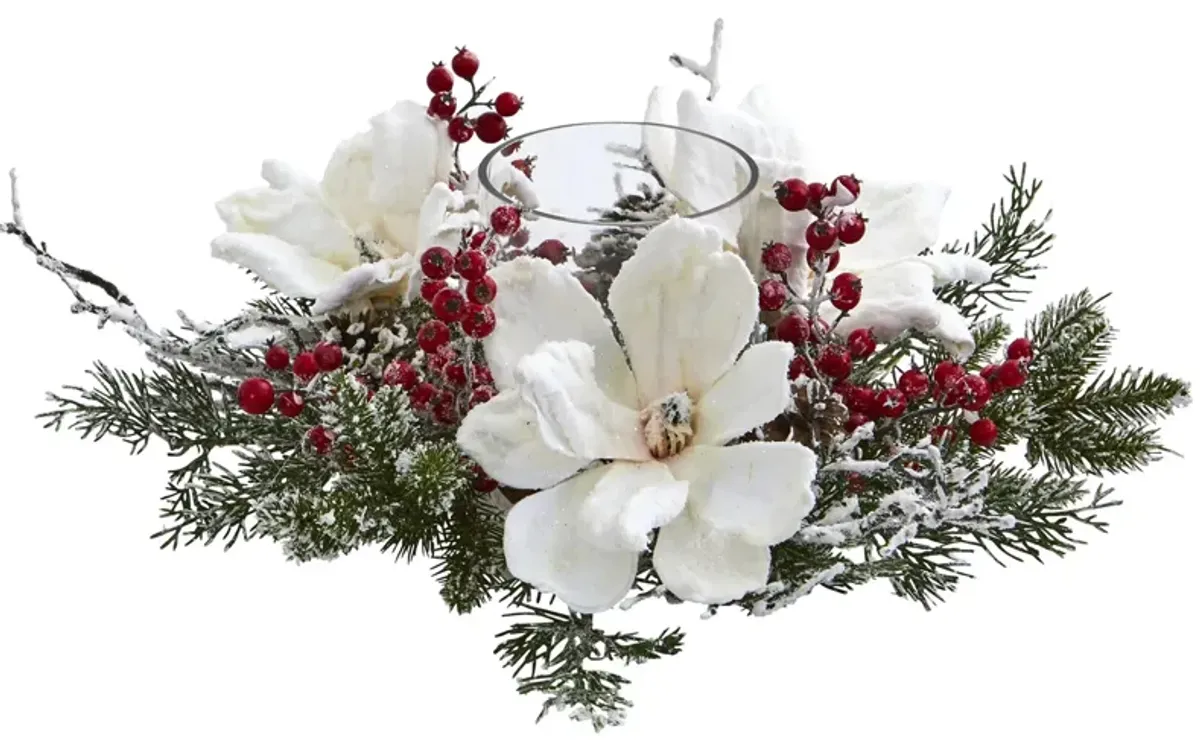 Frosted Magnolia & Berry Artificial Arrangement Candelabrum
