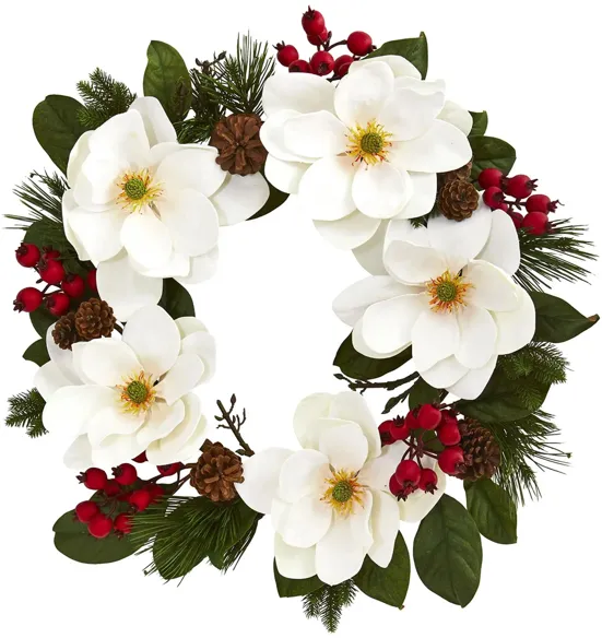 Magnolia, Pine and Berries Artificial Wreath in White by Bellanest