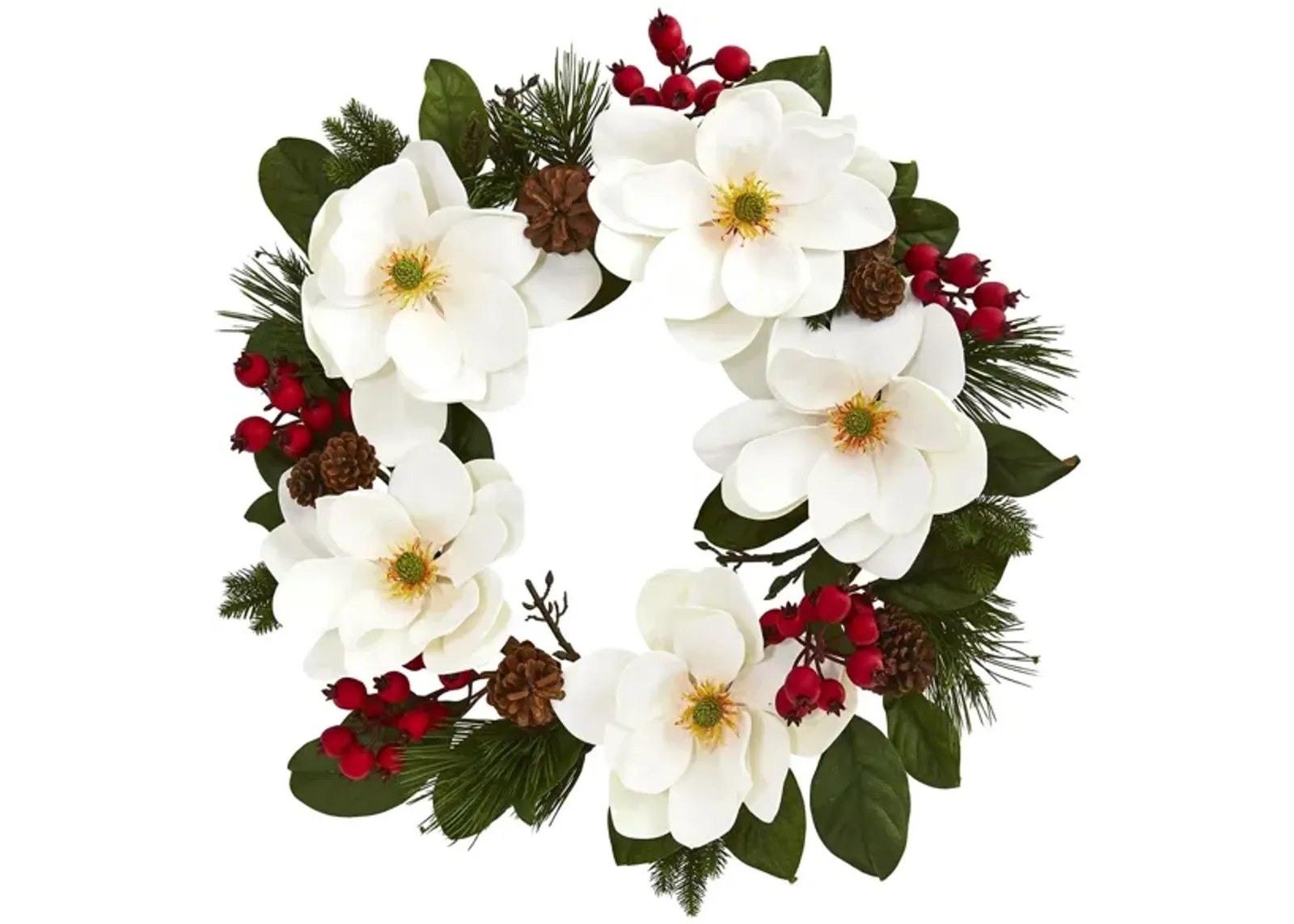 Magnolia, Pine and Berries Artificial Wreath in White by Bellanest