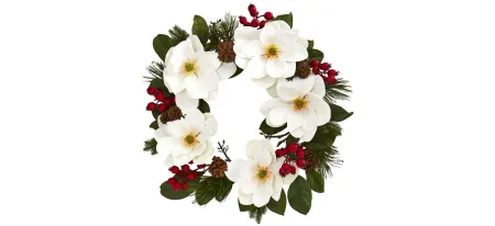 Magnolia, Pine and Berries Artificial Wreath in White by Bellanest