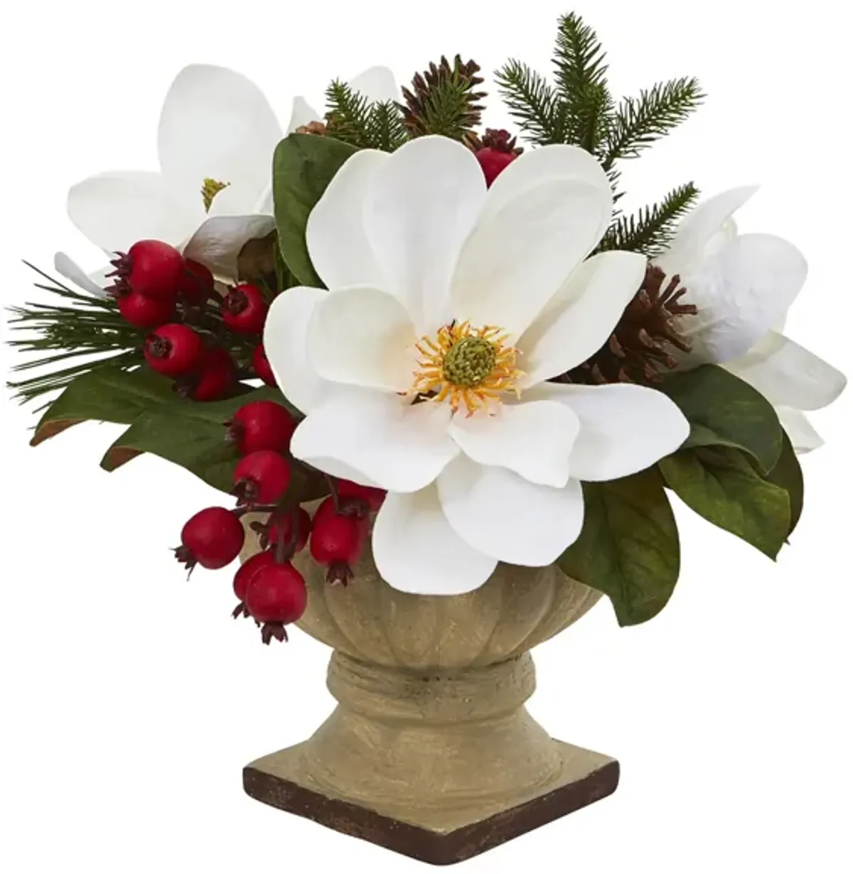 Magnolia, Pine and Berries Artificial Arrangement in White by Bellanest