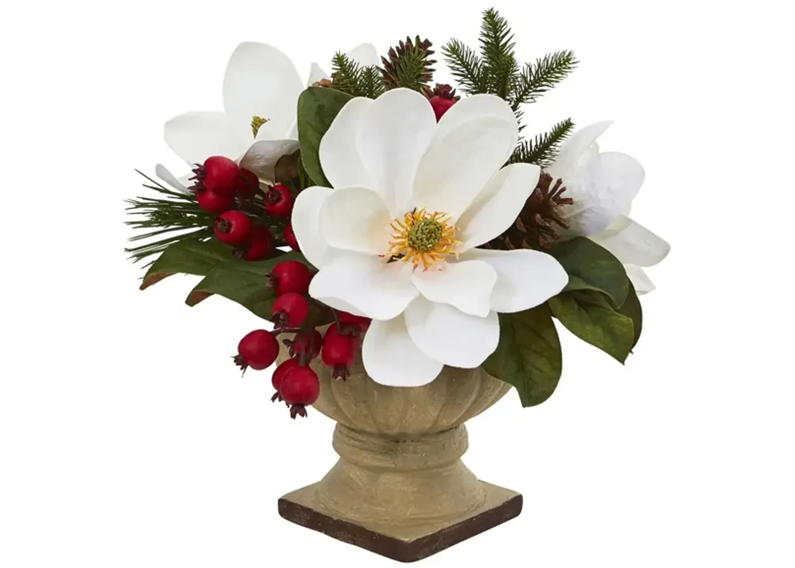 Magnolia, Pine and Berries Artificial Arrangement in White by Bellanest