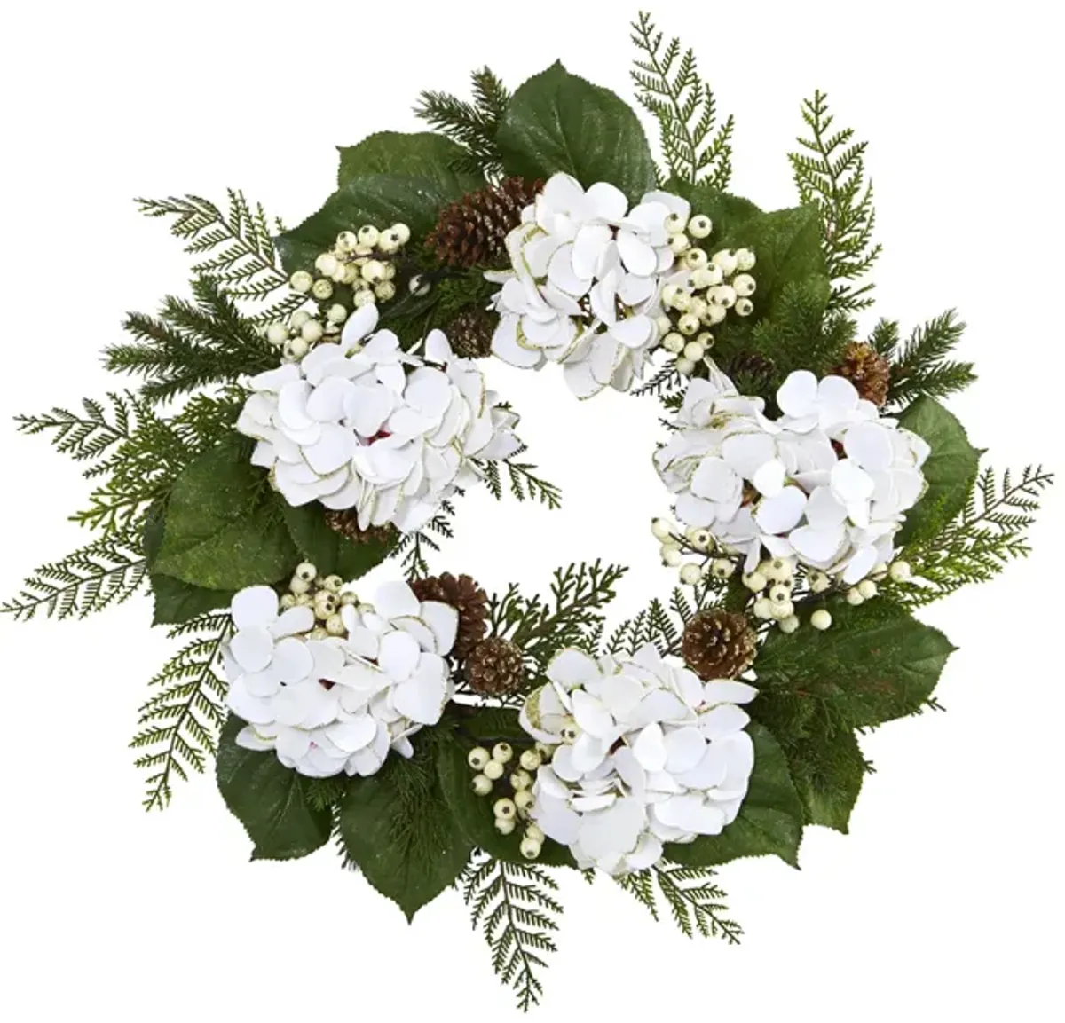 Gold Trimmed Hydrangea and Berry Artificial Wreath in White by Bellanest