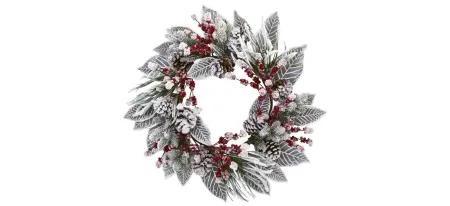 Snowy Magnolia Berry Artificial Wreath in White by Bellanest