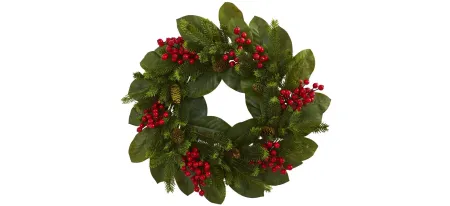 Magnolia Leaf, Berry and Pine Artificial Wreath in Green by Bellanest