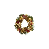 Golden Hydrangea with Berries and Pine Artificial Wreath in Gold by Bellanest