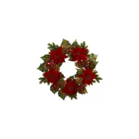 Poinsettia, Berry and Golden Pinecone Artificial Wreath in Red by Bellanest