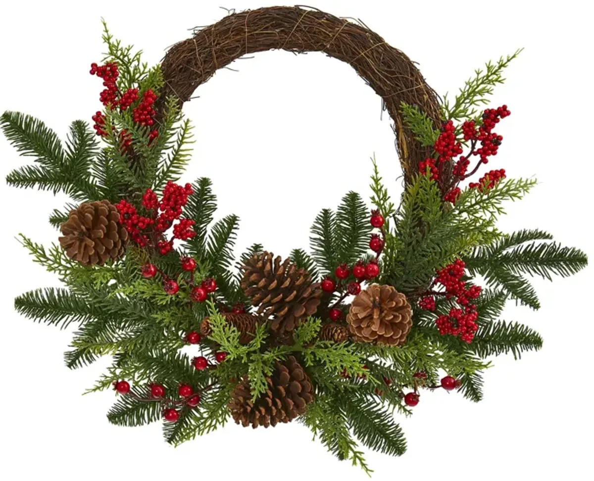 Mixed Pine and Cedar with Berries and Pinecones Artificial Wreath in Green/Red by Bellanest