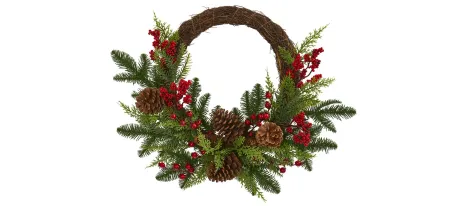 Mixed Pine and Cedar with Berries and Pinecones Artificial Wreath in Green/Red by Bellanest