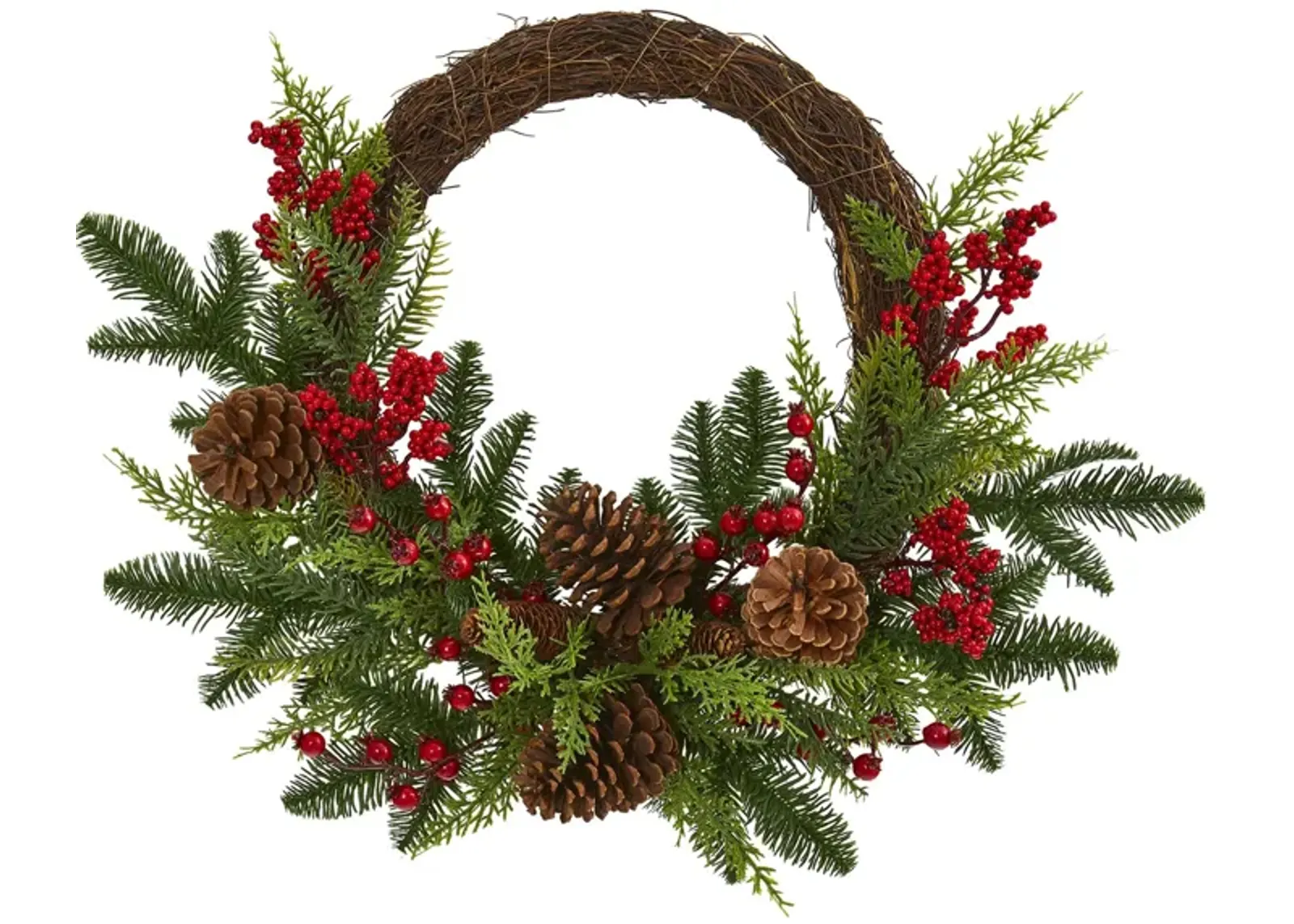 Mixed Pine and Cedar with Berries and Pinecones Artificial Wreath in Green/Red by Bellanest