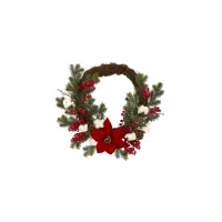 Poinsettia with Berries and Cotton Artificial Wreath in Green/Red by Bellanest