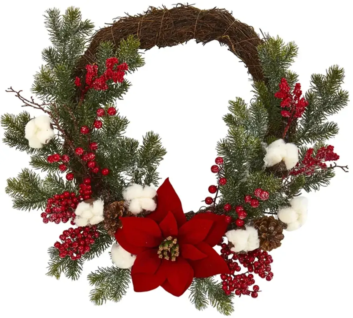 Poinsettia with Berries and Cotton Artificial Wreath