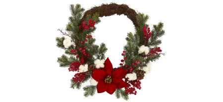 Poinsettia with Berries and Cotton Artificial Wreath in Green/Red by Bellanest