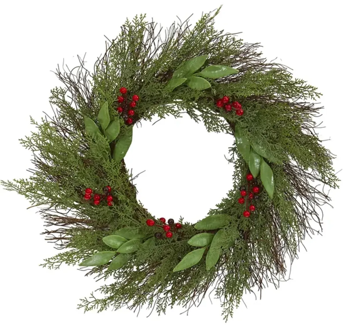 Cedar and Ruscus with Berries Artificial Wreath in Green/Red by Bellanest