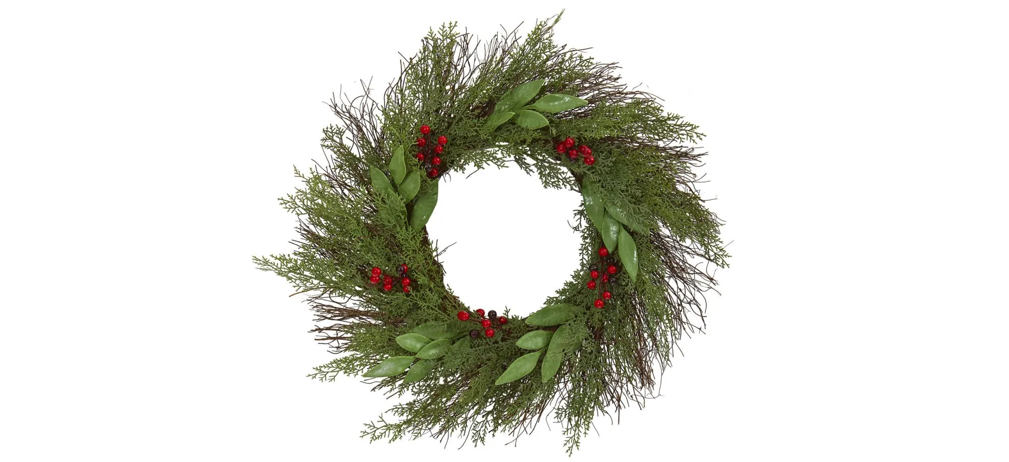 Cedar and Ruscus with Berries Artificial Wreath in Green/Red by Bellanest
