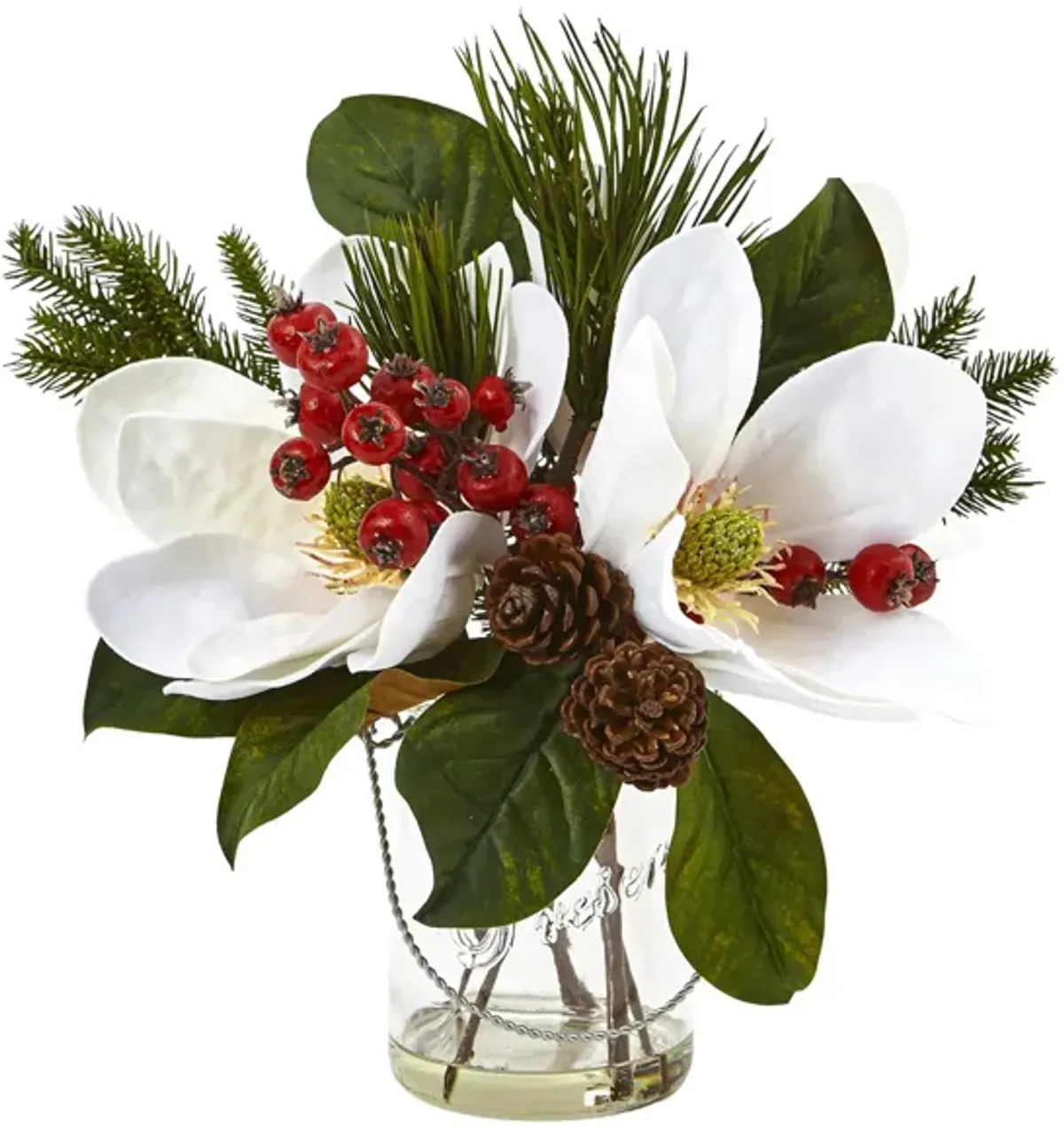 Magnolia, Pine, and Berry Holiday Artificial Arrangement in White by Bellanest