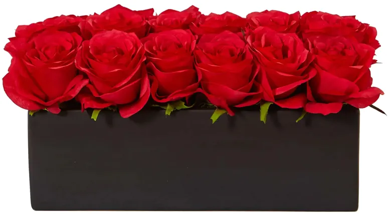 Dozen Silk Roses in Ceramic Rectangular Planter in Red by Bellanest