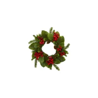 Magnolia Leaf, Berry and Pine Artificial Wreath in Green by Bellanest