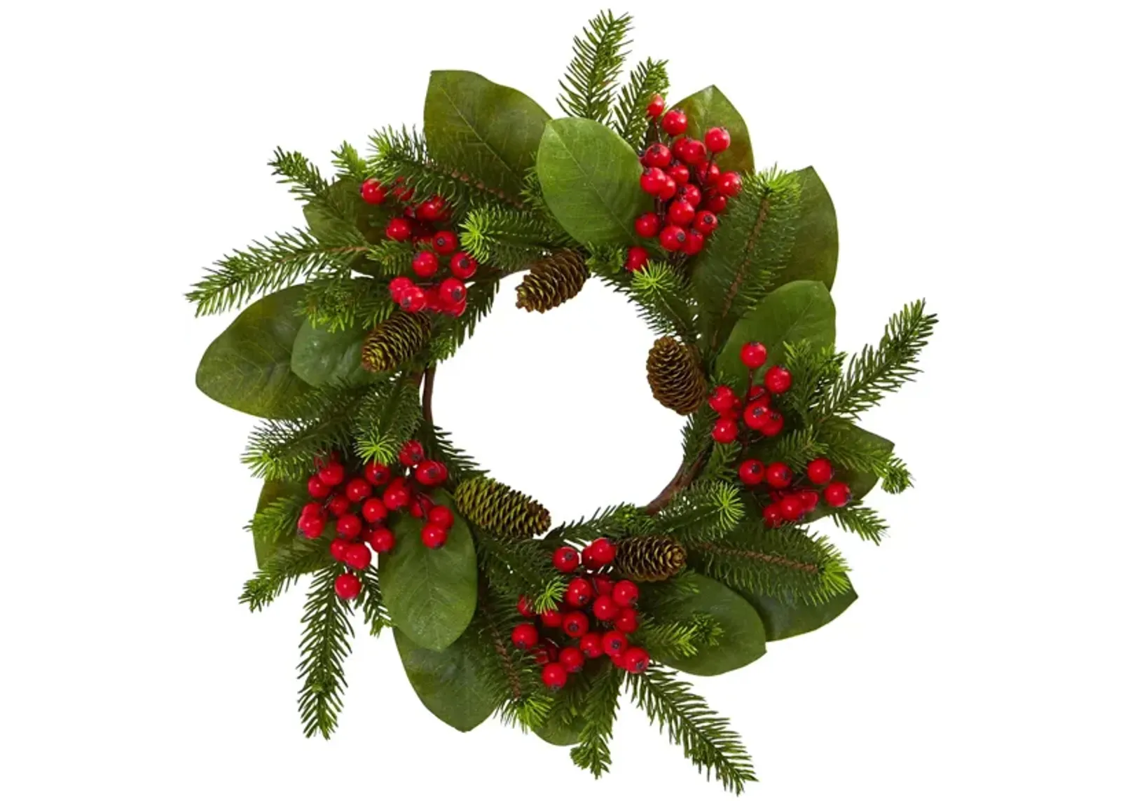 Magnolia Leaf, Berry and Pine Artificial Wreath in Green by Bellanest