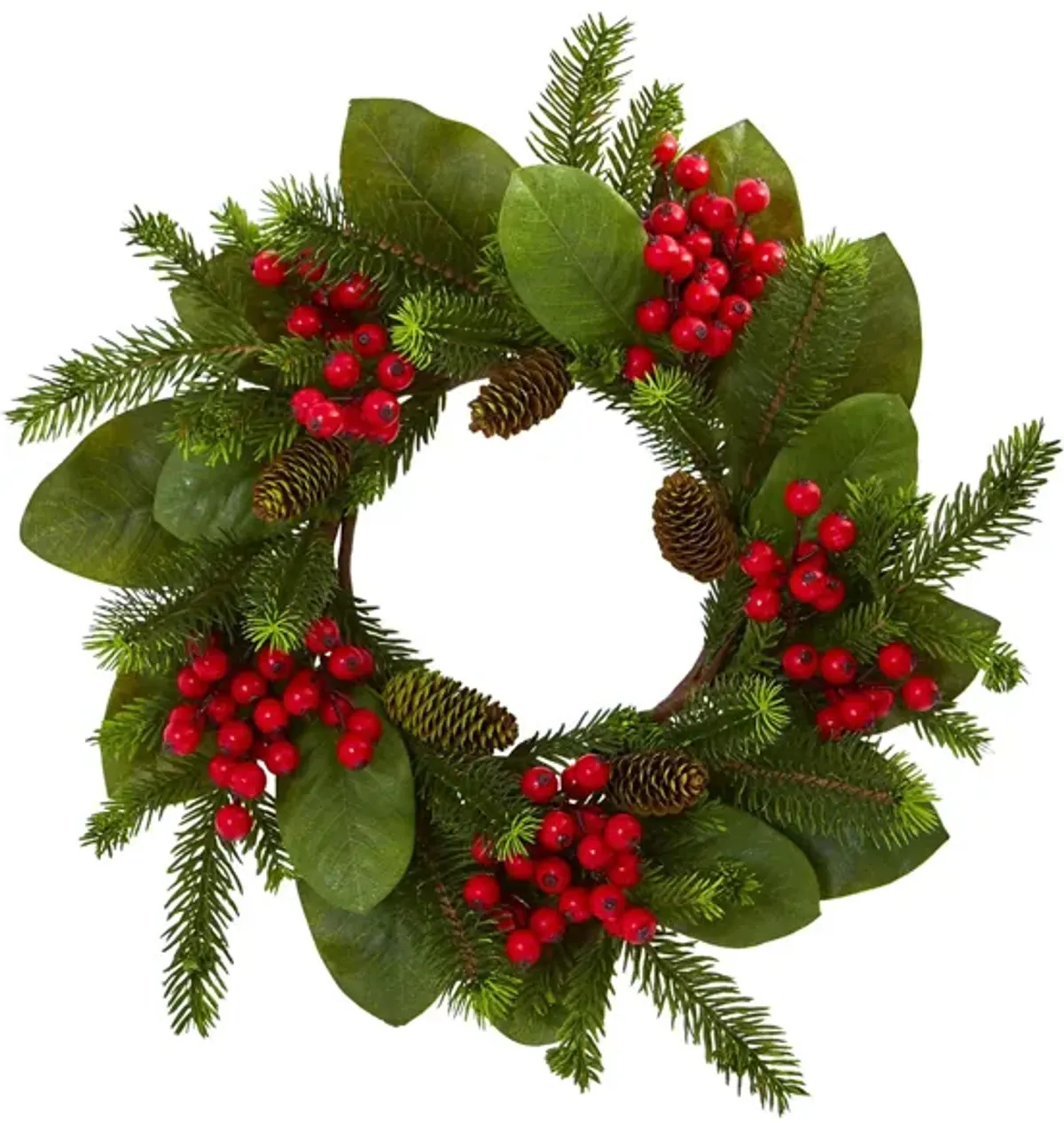 Magnolia Leaf, Berry and Pine Artificial Wreath in Green by Bellanest