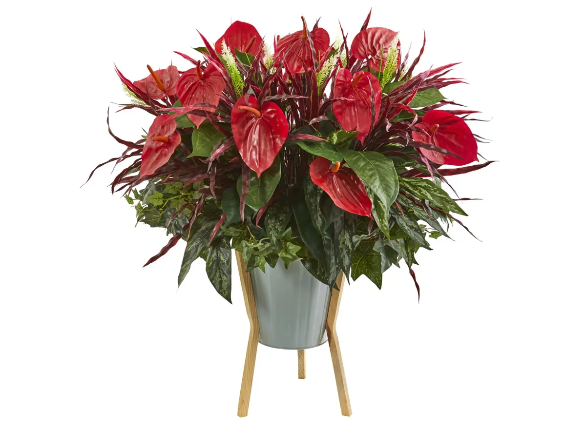 Mixed Anthurium Artificial Plant in Green Planter with Stand in Green/Red by Bellanest