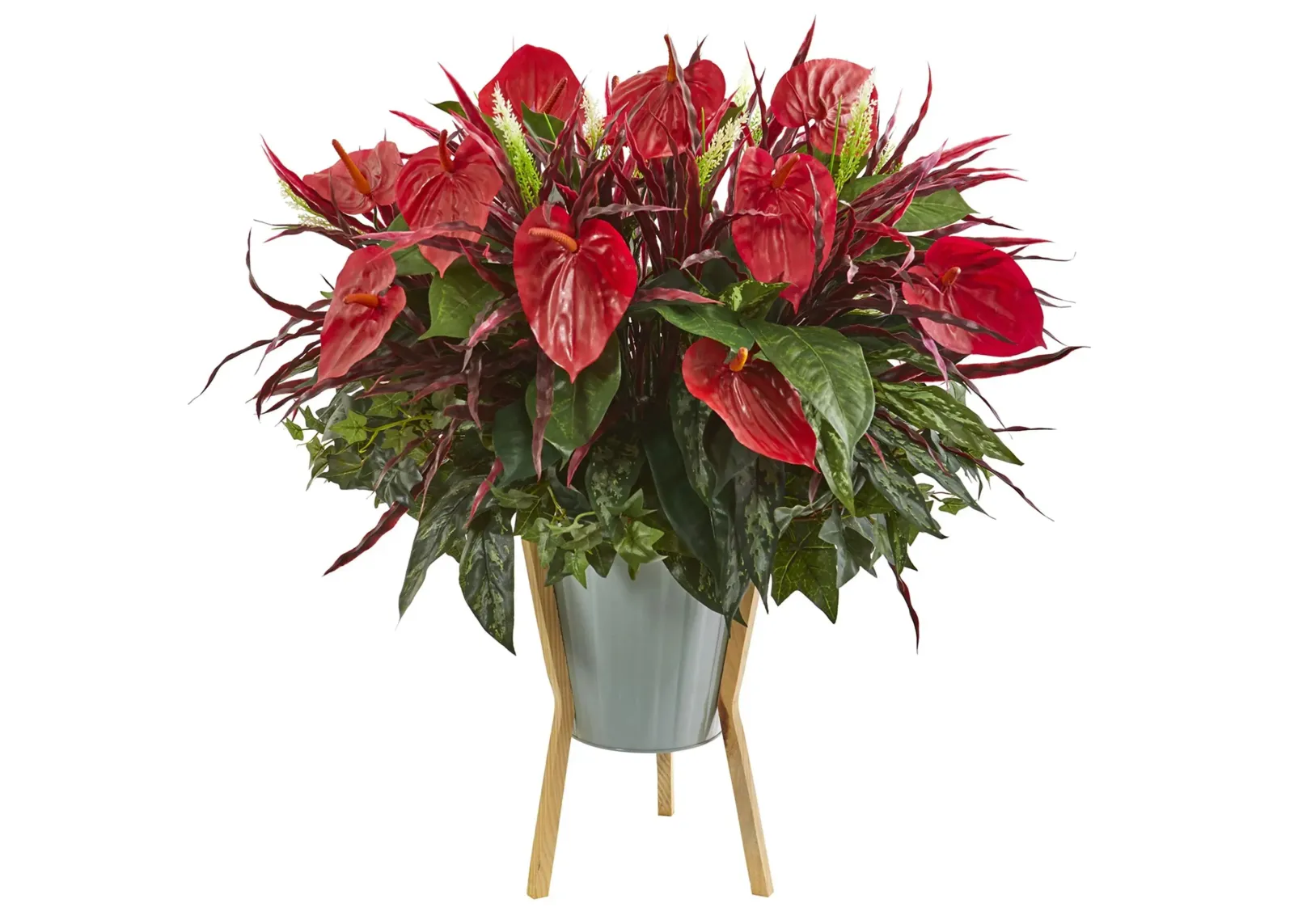 Mixed Anthurium Artificial Plant in Green Planter with Stand in Green/Red by Bellanest