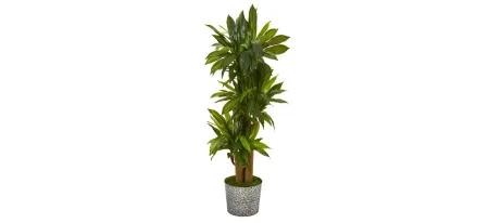 Corn Stalk Dracaena Artificial Plant in Black Embossed Tin Planter in Green by Bellanest