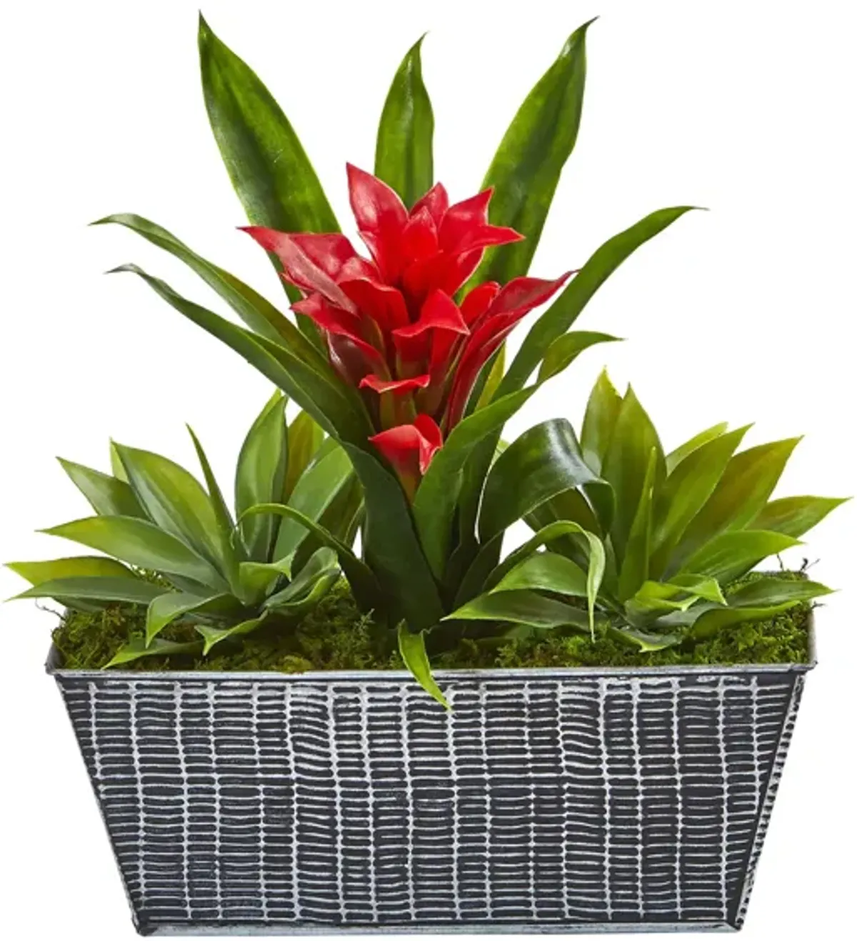 Red Bromeliad and Agave Artificial Plant in Embossed Tin Planter